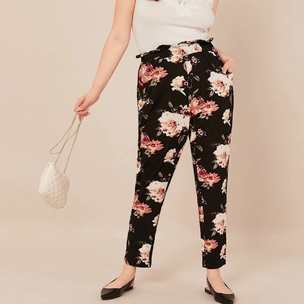 Plus Size 4XL New Floral Paper Bag Waist Pants